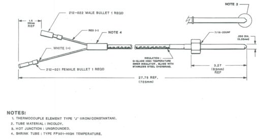 Thermocouple, J-type, UnGrounded, Straight, 3.27", Bullet Connector